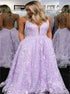 Straps Long A Line Lilac Lace Criss Cross Prom Dresses with Pockets LBQ2008